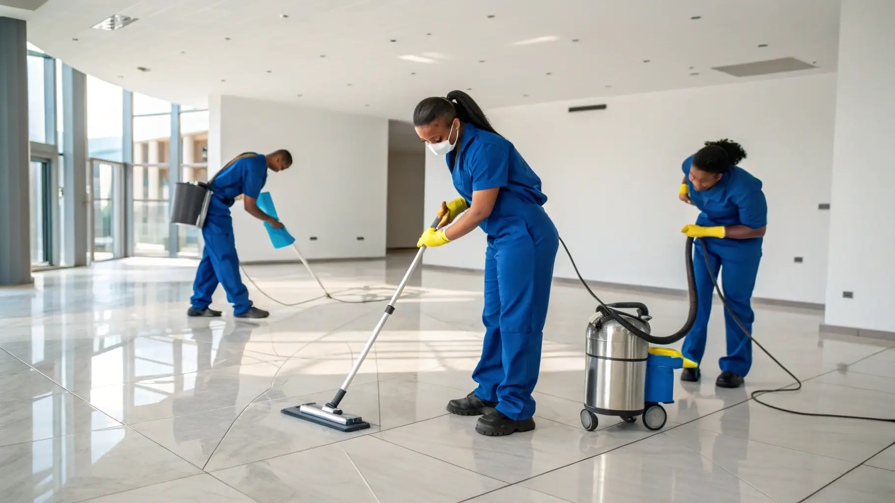 A group of Axora Clean cleaning staff smiling and holding cleaning equipment in a modern, minimalist apartment.