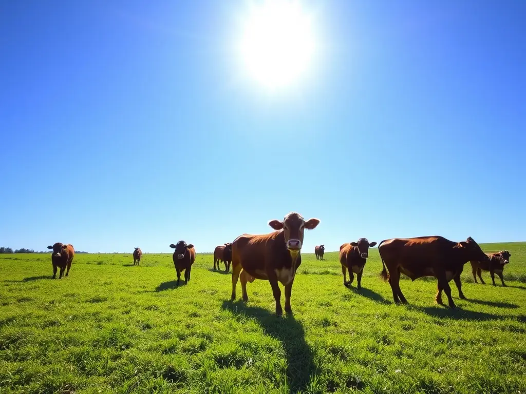 Cows grazing on lush green pasture under a clear blue sky, showcasing the natural environment where K Bar K Meats raises their cattle.