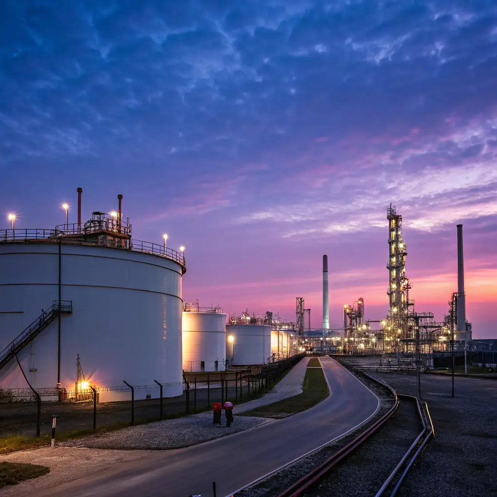 An aerial view of a modern oil refinery at sunset, showcasing the complex network of pipelines and storage tanks. The scene should convey a sense of industrial efficiency and technological advancement.