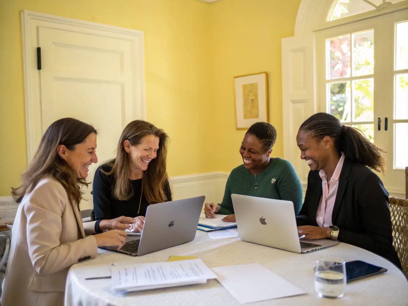 A group of female students collaborating in a workshop, working together on a project.