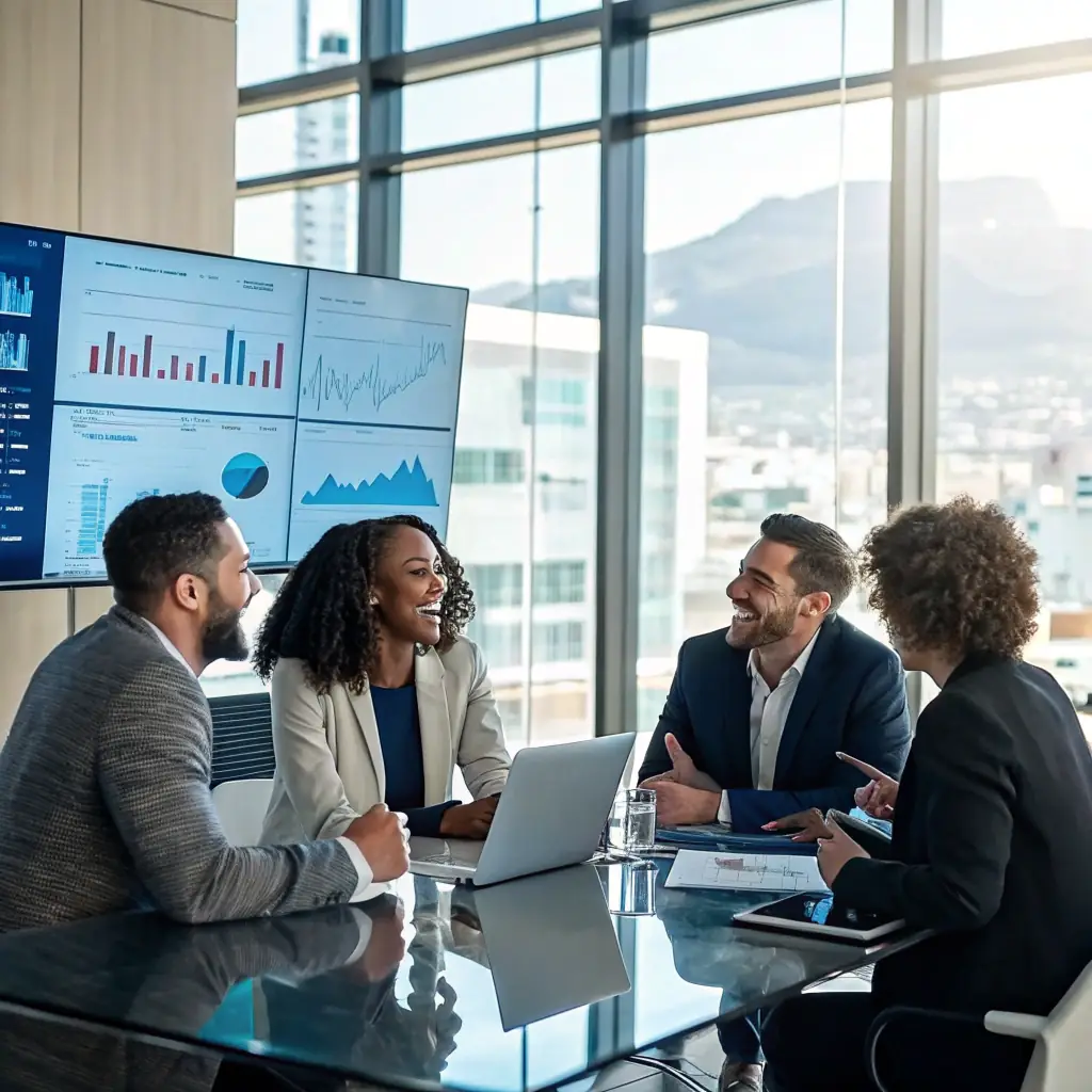 A diverse group of African business professionals collaborating and strategizing during a Revbacked Events Consulting workshop, with charts and data visualizations in the background showcasing event ROI.