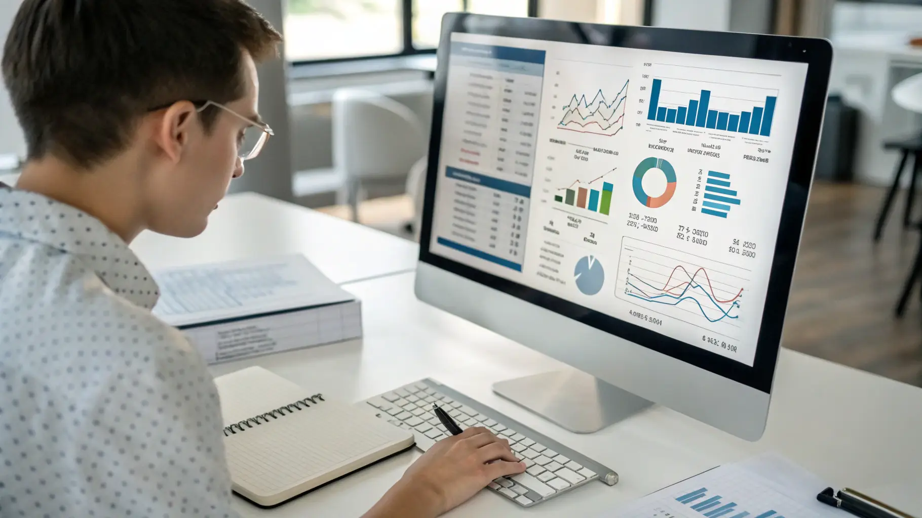 A person working on a computer, analyzing PPC campaign data.