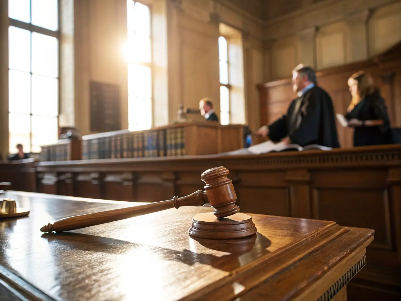A judge's gavel resting on a stack of legal documents in a courtroom setting. The image conveys the seriousness and formality of the legal process, highlighting Trustpoint's expertise in navigating the court system.