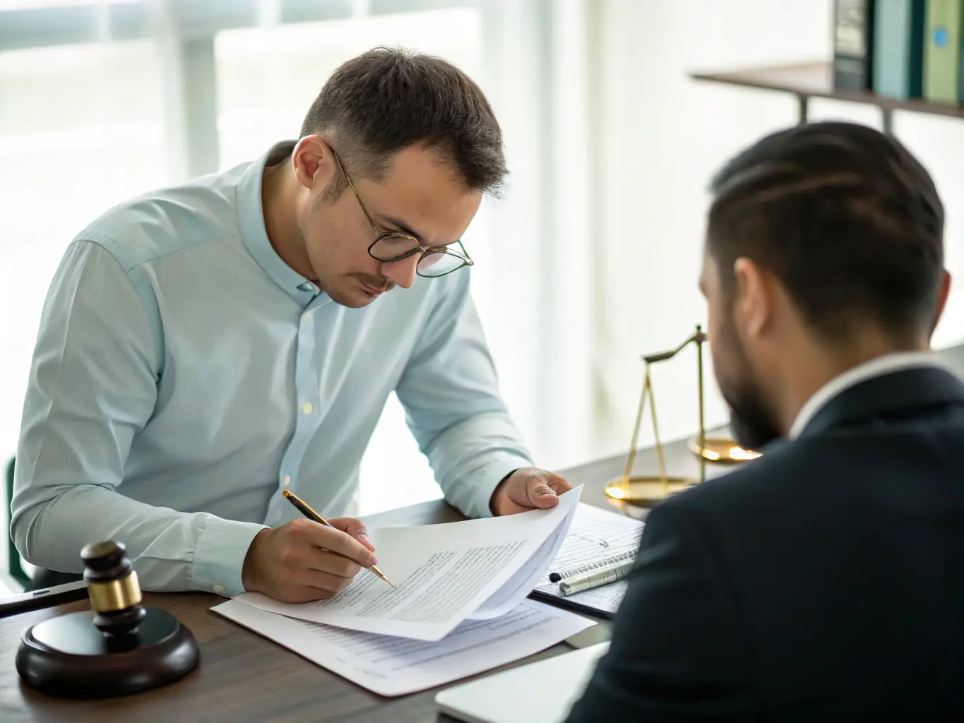 A professional lawyer in a well-lit office, reviewing legal documents related to an eviction case. The lawyer is focused and determined, symbolizing Trustpoint's commitment to handling eviction cases with expertise and care.