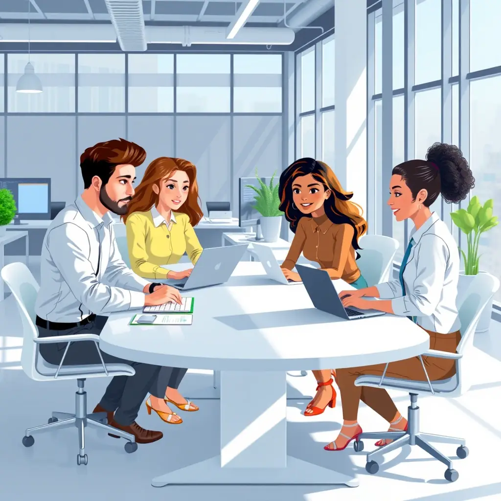 A clean, modern illustration of people working together in a bright, open office space, symbolizing employee benefits and a positive work environment.