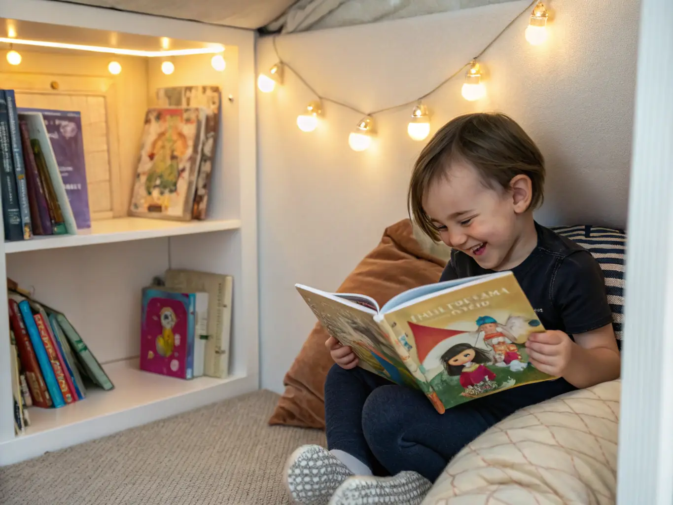 A vibrant and heartwarming illustration of a young child, beaming with joy, as they read a beautifully illustrated, personalized storybook. The book's cover features the child's name prominently. The background shows a cozy, inviting children's room filled with toys and books, emphasizing the magical and personal nature of the reading experience.