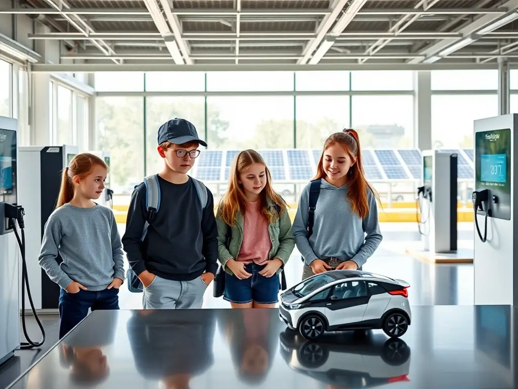 A group of middle school students touring a clean transportation technology facility.