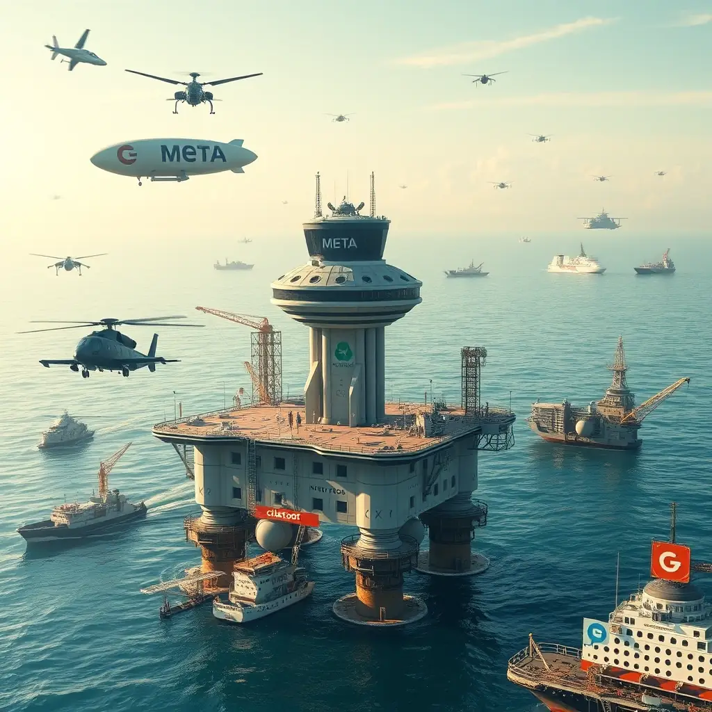 A futuristic offshore air defense radar platform in the Gulf of Mexico, surrounded by Google helicopters, a META blimp, offshore oil drilling platforms, an X-wing fighter, ships with Google banners, and chatbot signs, symbolizing advanced digital marketing strategies.