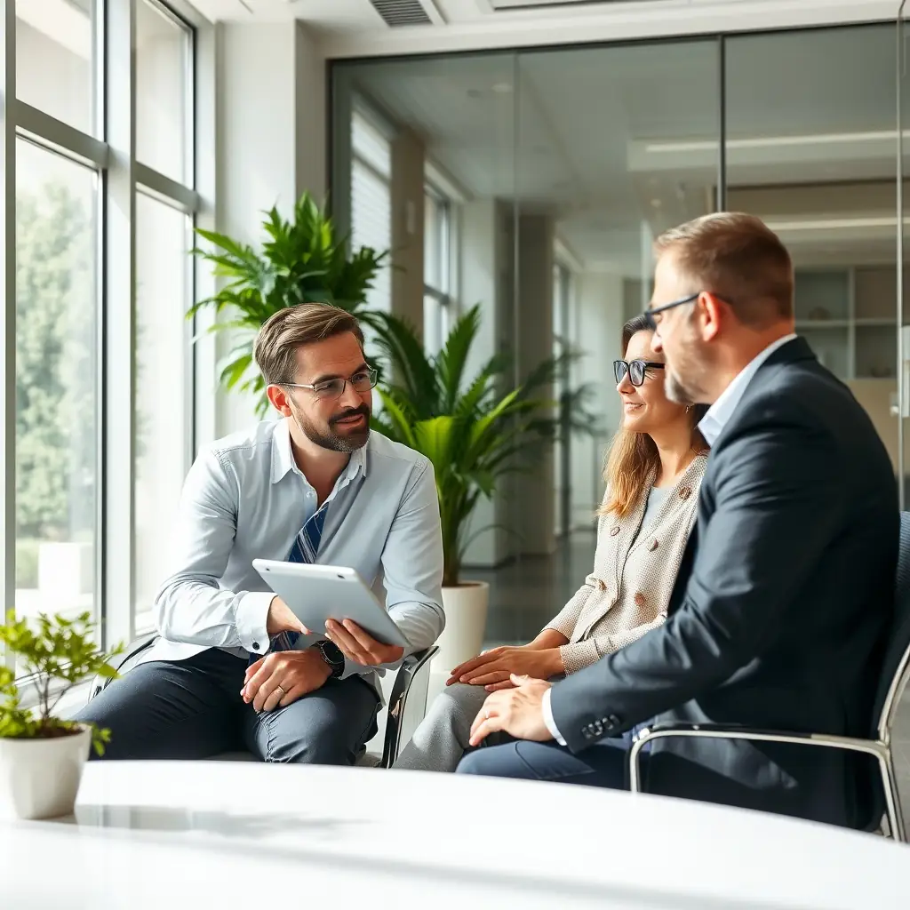 a professional financial advisor discussing investment strategies with a client in a modern office setting, high-resolution, professional photography