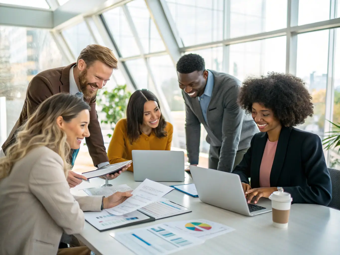 A photograph of a diverse group of supply chain professionals collaborating in a modern office setting, with digital screens displaying real-time supply chain data and AI-driven insights. The image should convey collaboration and data-driven decision-making.