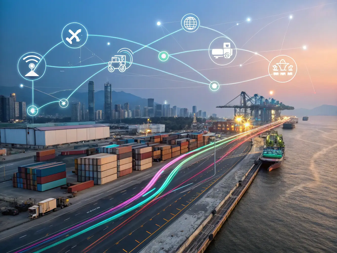A digital illustration depicting a stylized AI agent interacting with a complex supply chain network, highlighting the agent's ability to analyze data and optimize processes. The image should convey efficiency and innovation.