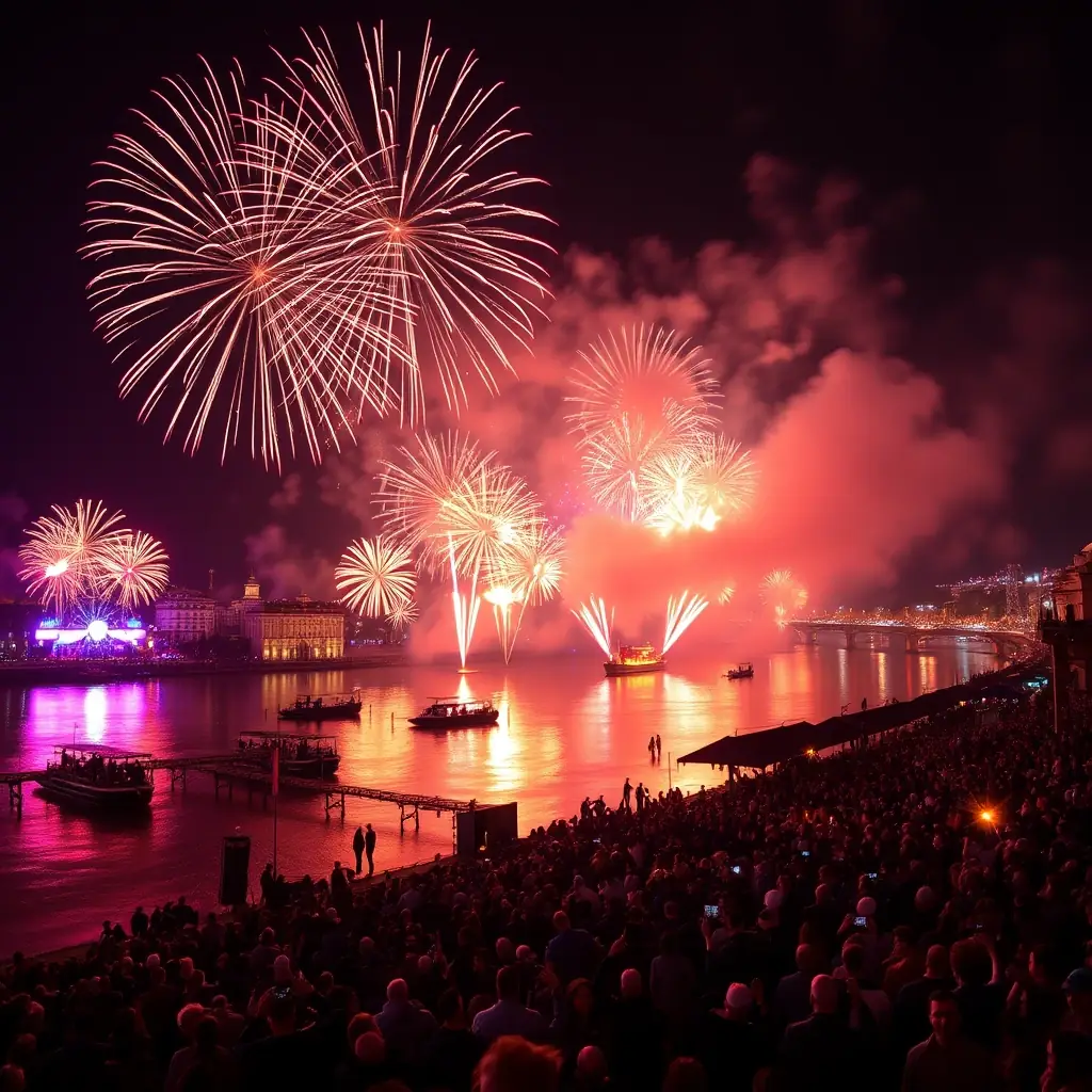 Fireworks over the Nervión river in Bilbao during the Semana Grande festival.
