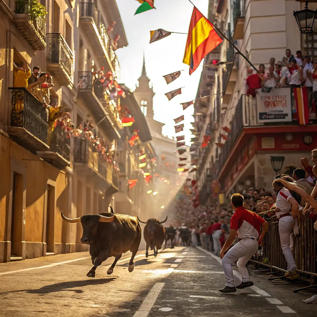 A crowd of people running in front of bulls in the streets of Pamplona during the San Fermín festival.