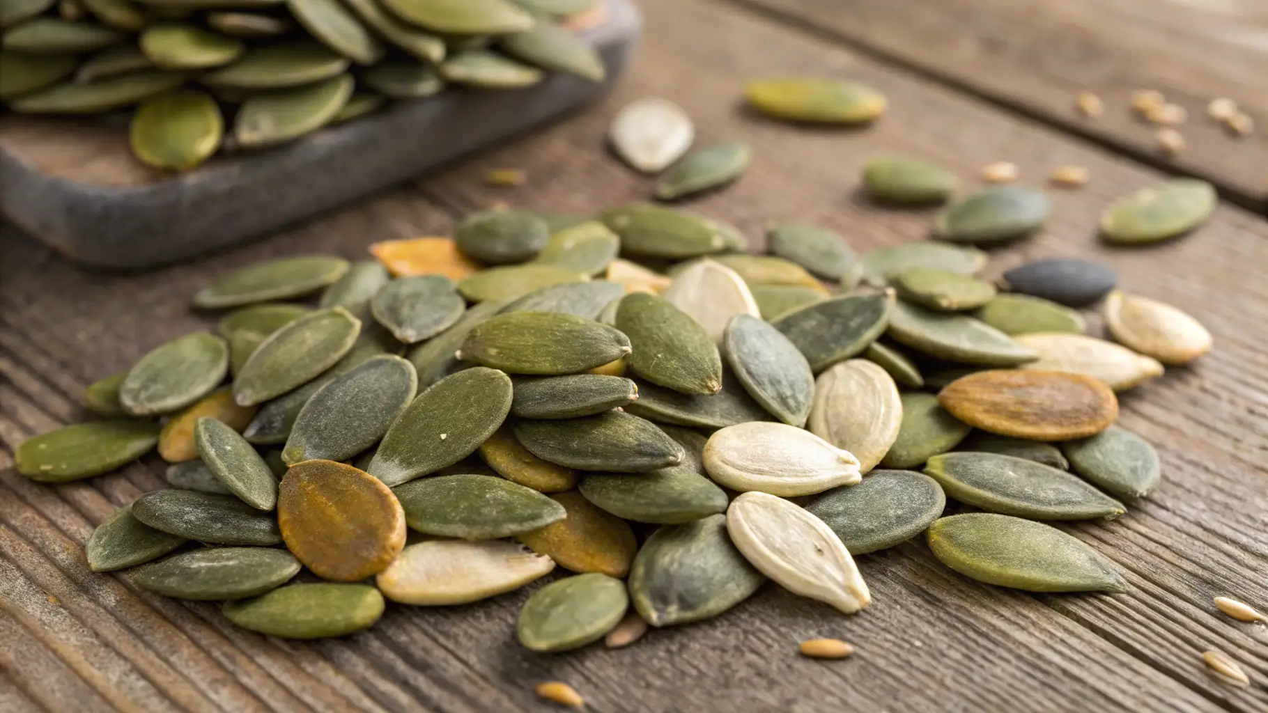 A close-up shot of a variety of seeds in a wooden bowl, showcasing their different shapes, sizes, and colors.
