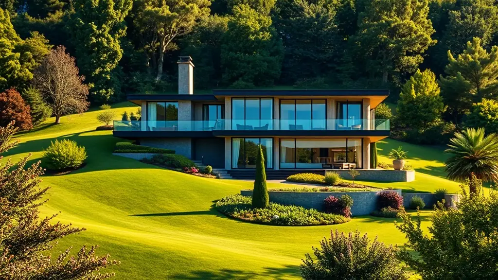 A modern villa with large windows and a well-kept garden, bathed in warm sunlight, suggesting comfortable living and energy efficiency.