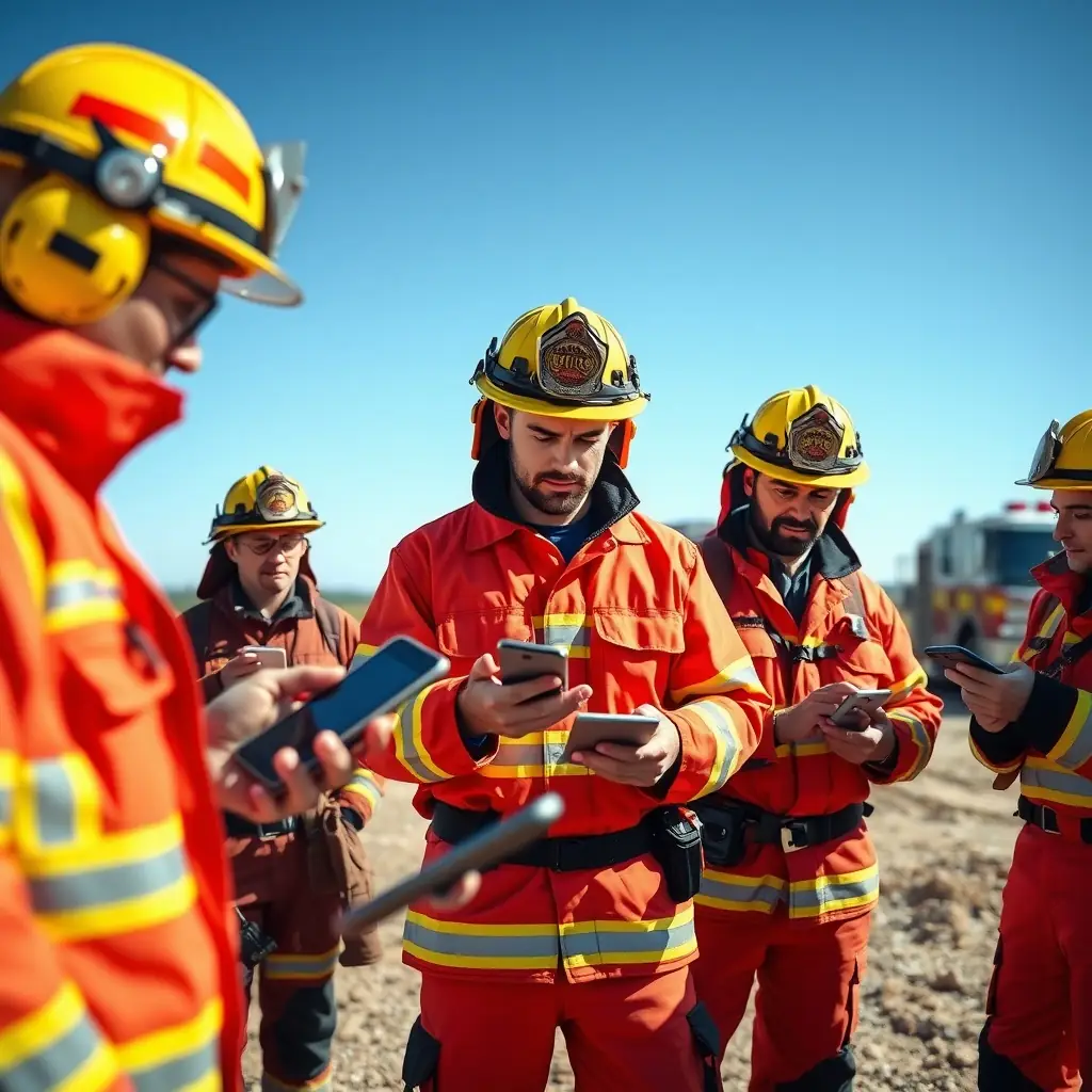 A team of fire protection professionals using mobile devices in a field setting.