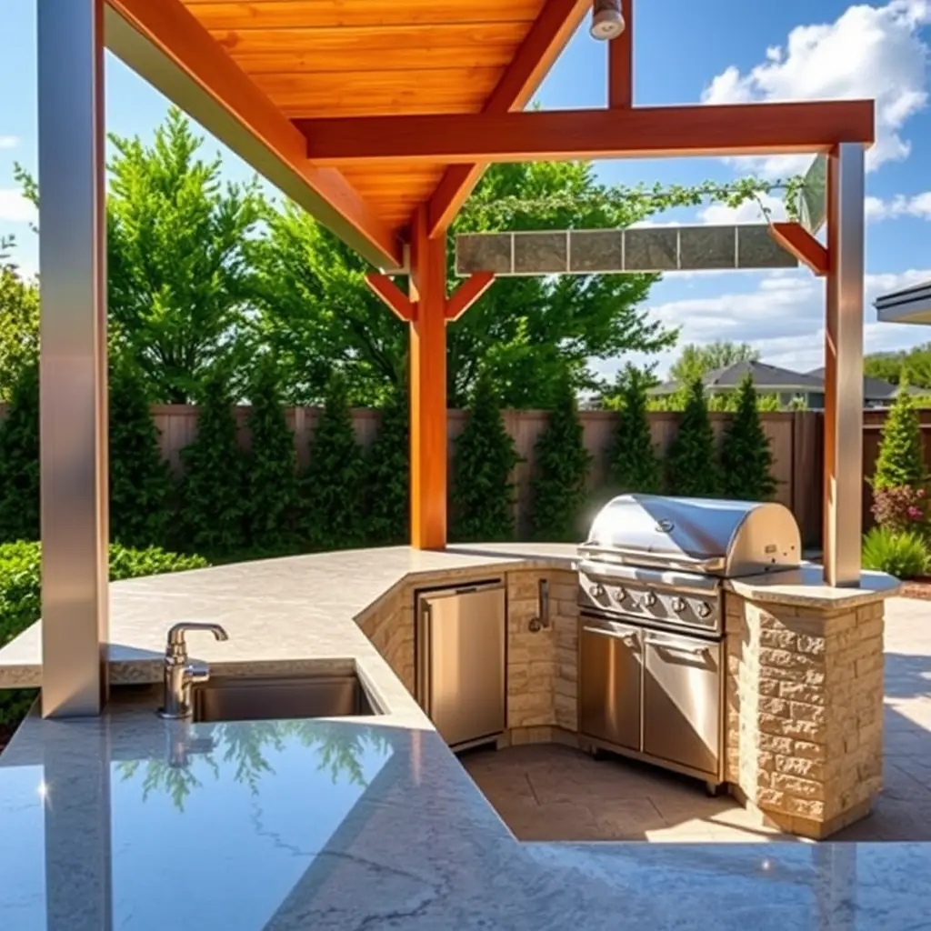 : Outdoor kitchen remodel with stainless grill, stone counters, and bar seating in Sarasota backyard]