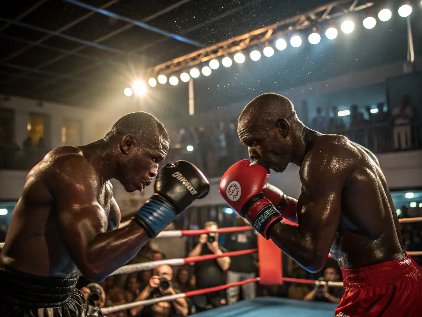 A photograph of a boxing coach working with an intermediate-level boxer on sparring techniques, showcasing agility and strategic thinking, inside a retro-style boxing gym with vintage equipment and motivational posters.