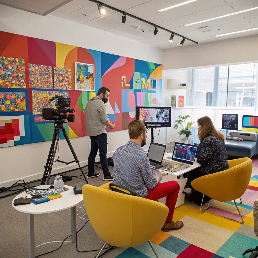 A modern, clean image showcasing a diverse team of media professionals collaborating in a bright, open office space, with advanced technology visible in the background, reflecting innovation and teamwork.