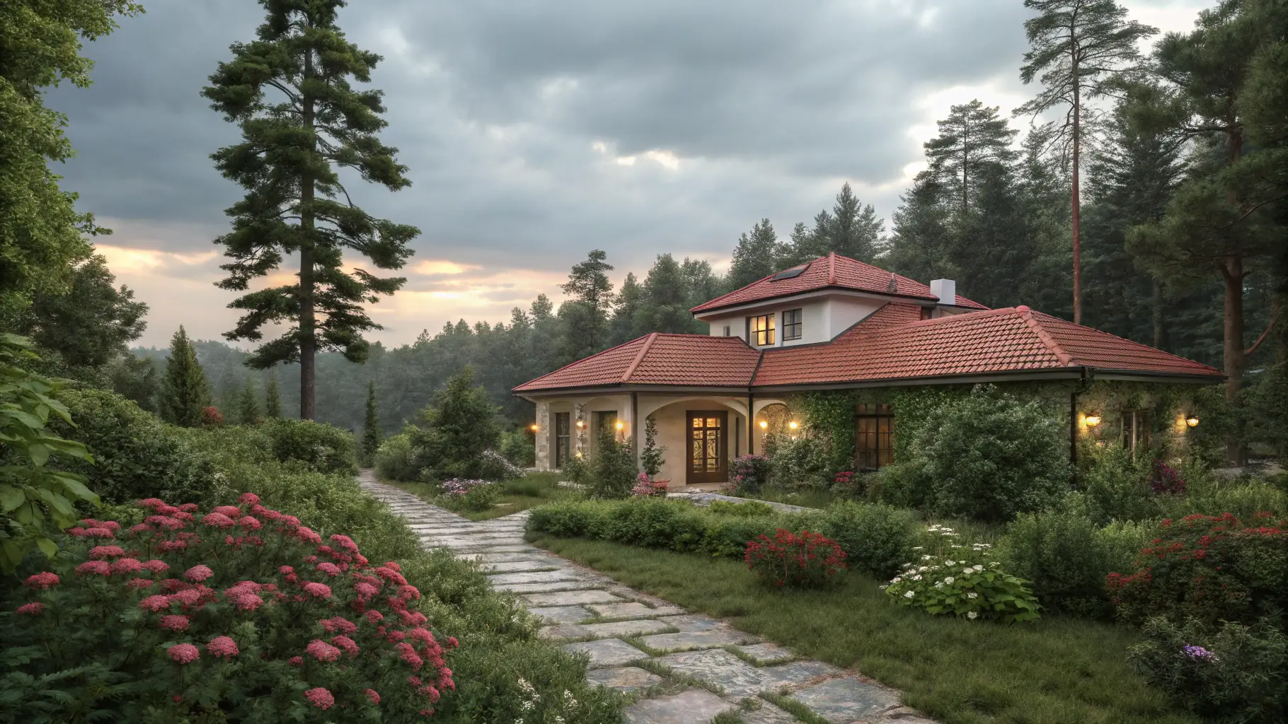 A modern underground house with a green roof blending seamlessly into the surrounding landscape.