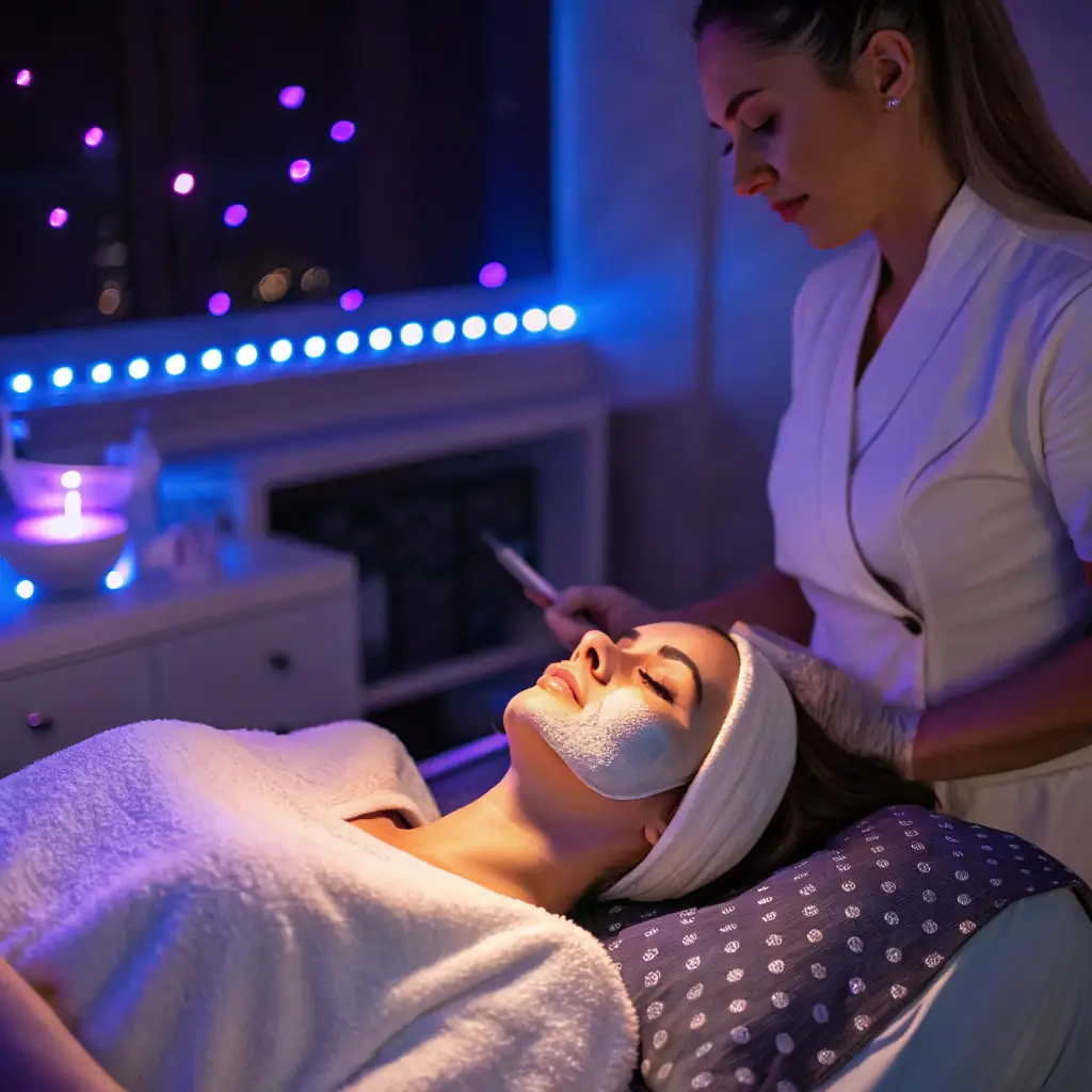 A person receiving mesotherapy treatment at Ferdows Medical Center, close-up on the face with a focus on the gentle application of the treatment.