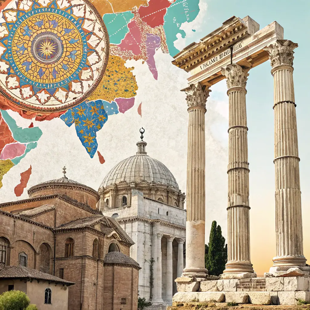 a collage of ancient mosaic artworks, including images of Roman, Byzantine, and Islamic mosaics, showcasing intricate designs and historical significance