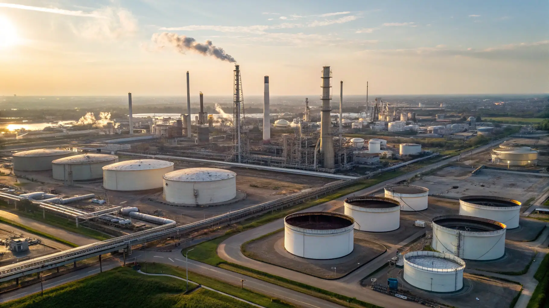 A high-resolution image of an oil refinery at sunset, symbolizing industry leadership and operational scale
