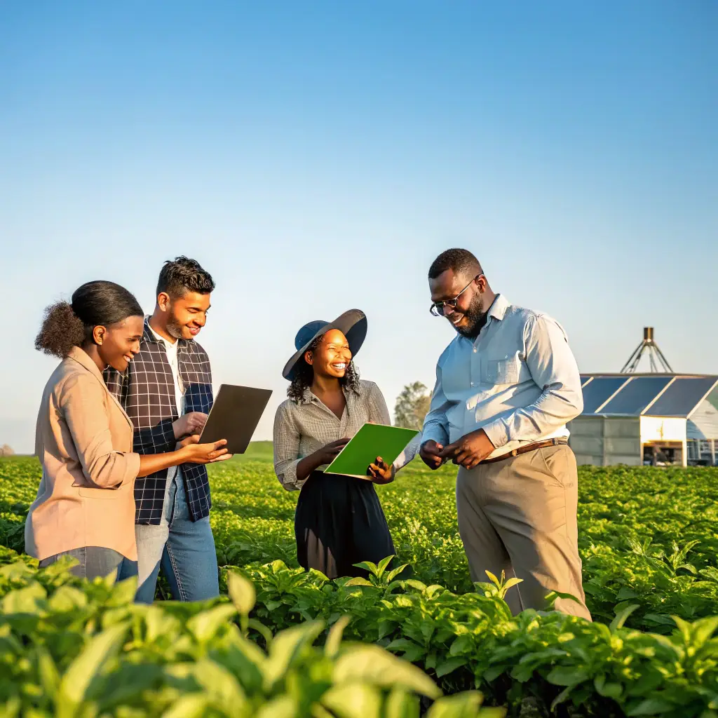 A diverse group of people collaborating on a sustainable agriculture project in an equatorial region, showcasing the positive impact of Bottom Billion Corp's impact advisory services.