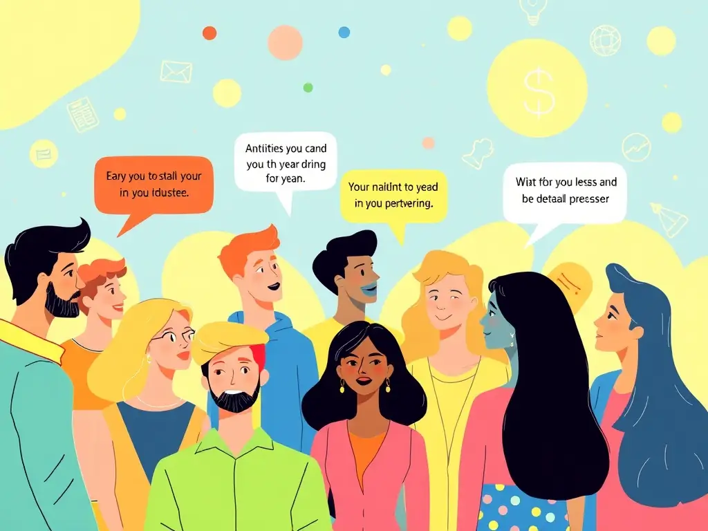 An illustration of a personalized match-making process showing diverse individuals with speech bubbles indicating their goals.