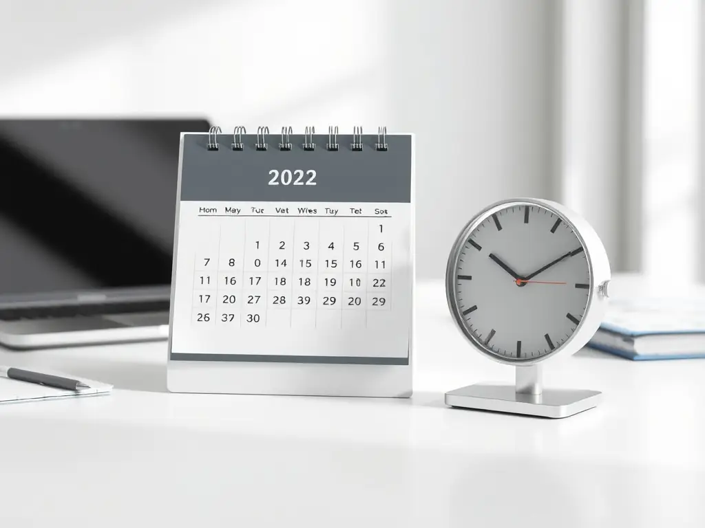 A digital artwork of a calendar and clock on a desk, symbolizing professional scheduling services.