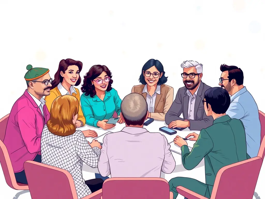 A digital artwork of a diverse group of mentors engaged in a lively discussion around a table.