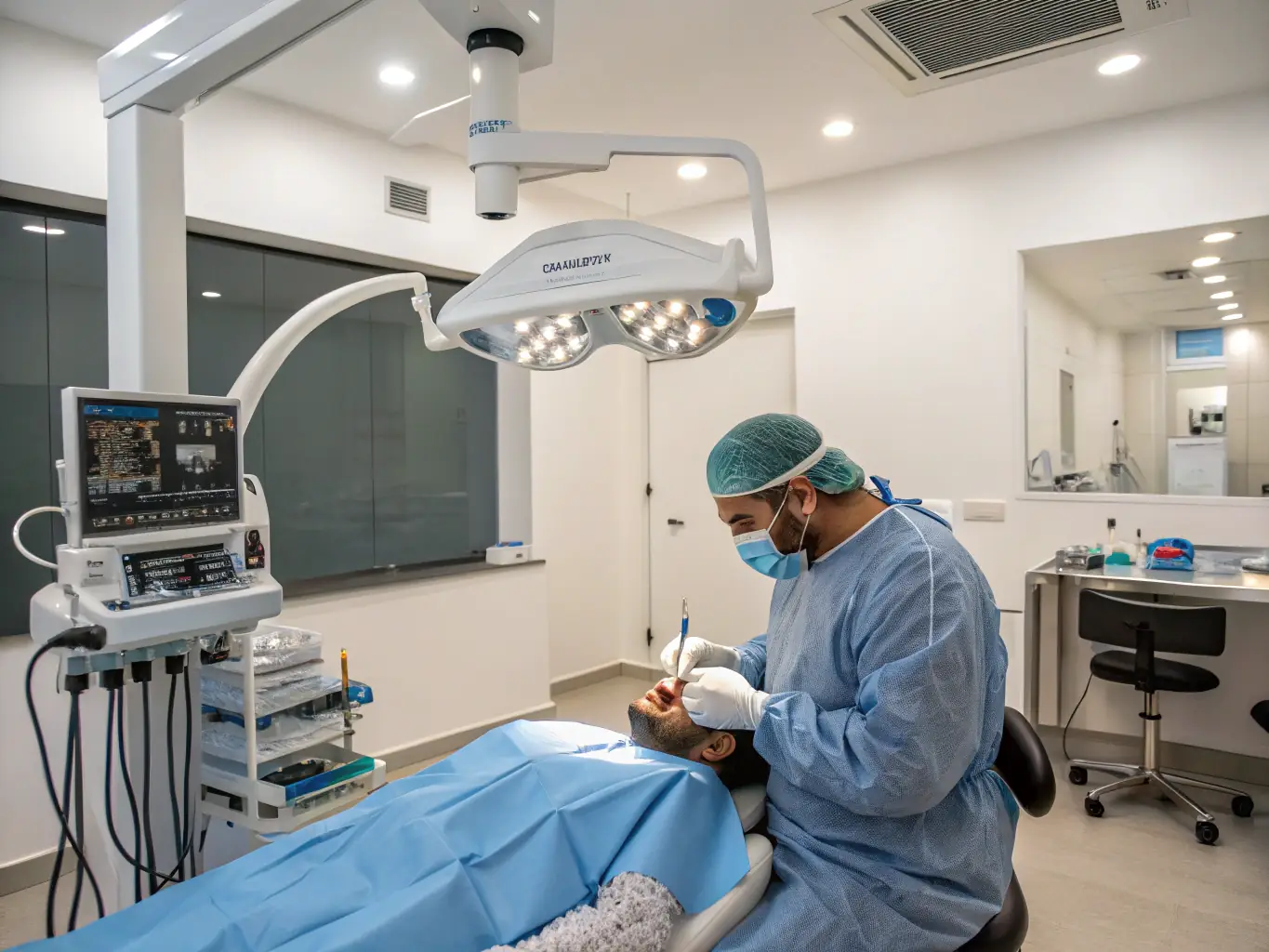 An image depicting a dentist performing laser crown lengthening, showcasing the reshaping of gums to expose more tooth structure for restorative procedures.