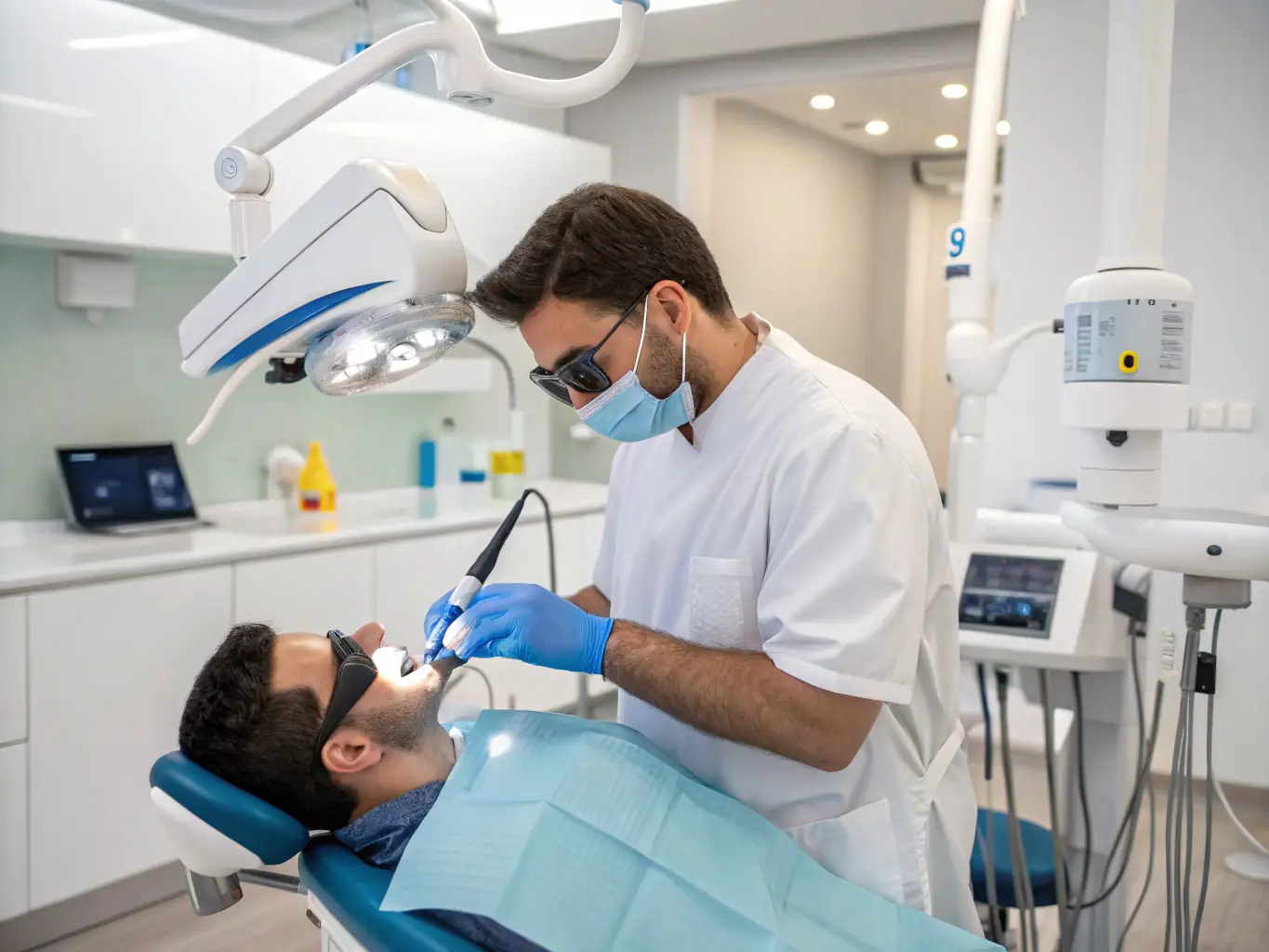 A detailed view of a dentist using laser technology to disinfect a root canal, emphasizing the enhanced cleaning and infection control benefits.