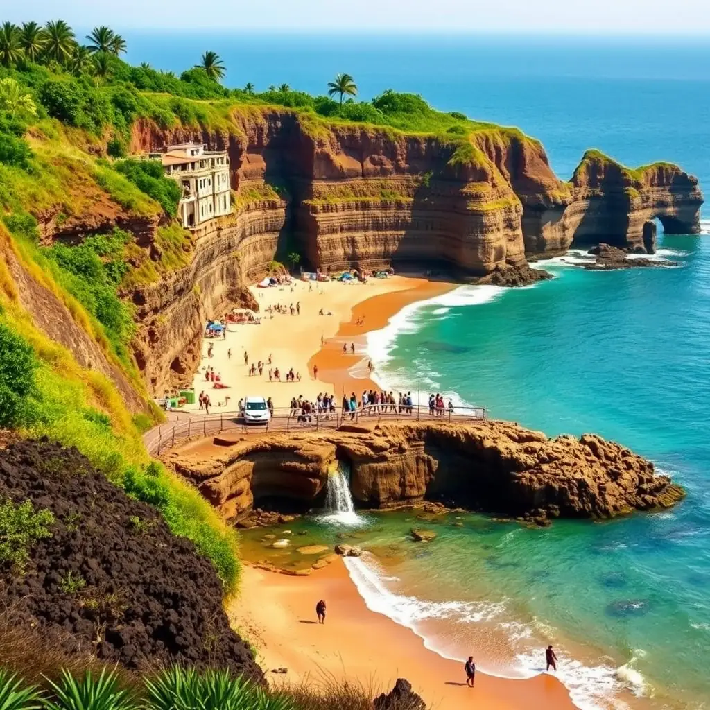 A scenic view of Varkala Beach with cliffs, natural springs, and a vibrant atmosphere, showcasing Kerala's unique coastal beauty