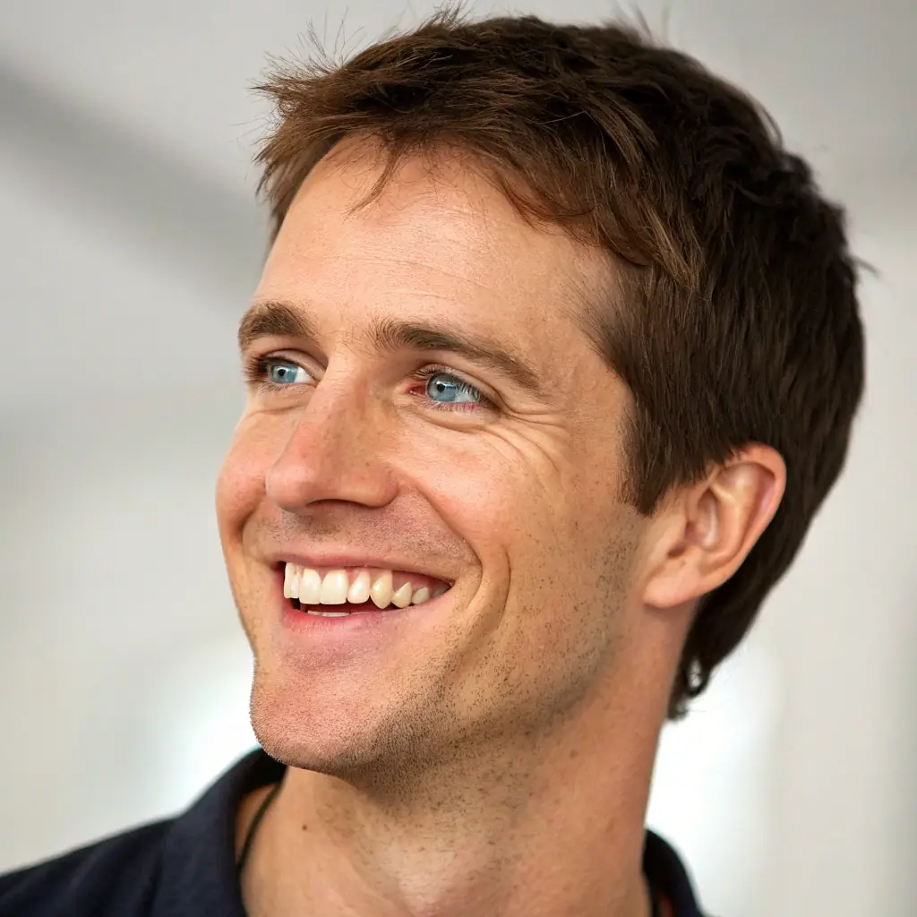 A close-up shot of a person's face, looking relaxed and focused, with a subtle smile. The background is blurred, suggesting a calm and peaceful environment. The image should convey a sense of well-being and mental clarity.