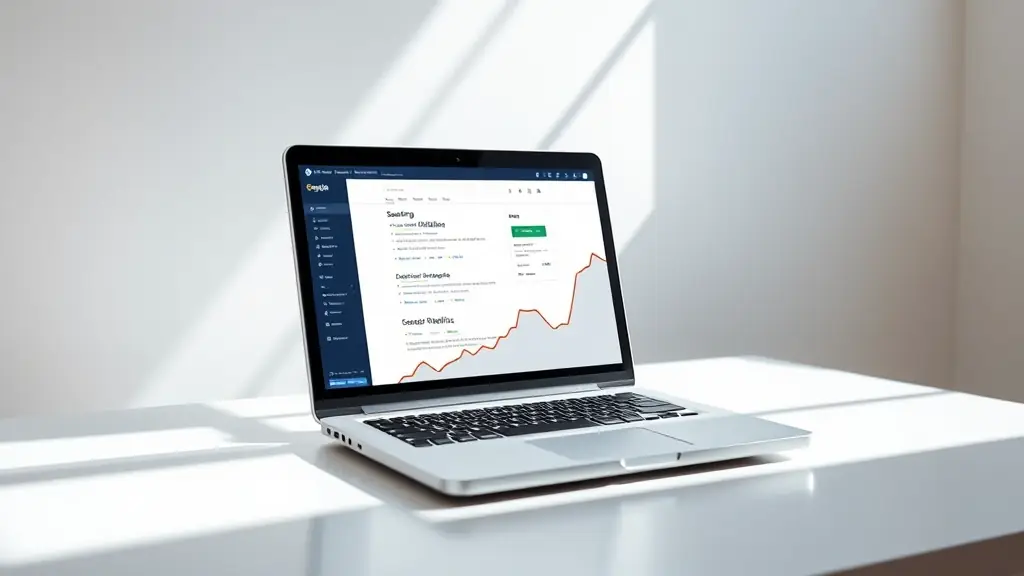 A laptop displaying a website ranking high in search engine results, surrounded by SEO-related icons and graphics.