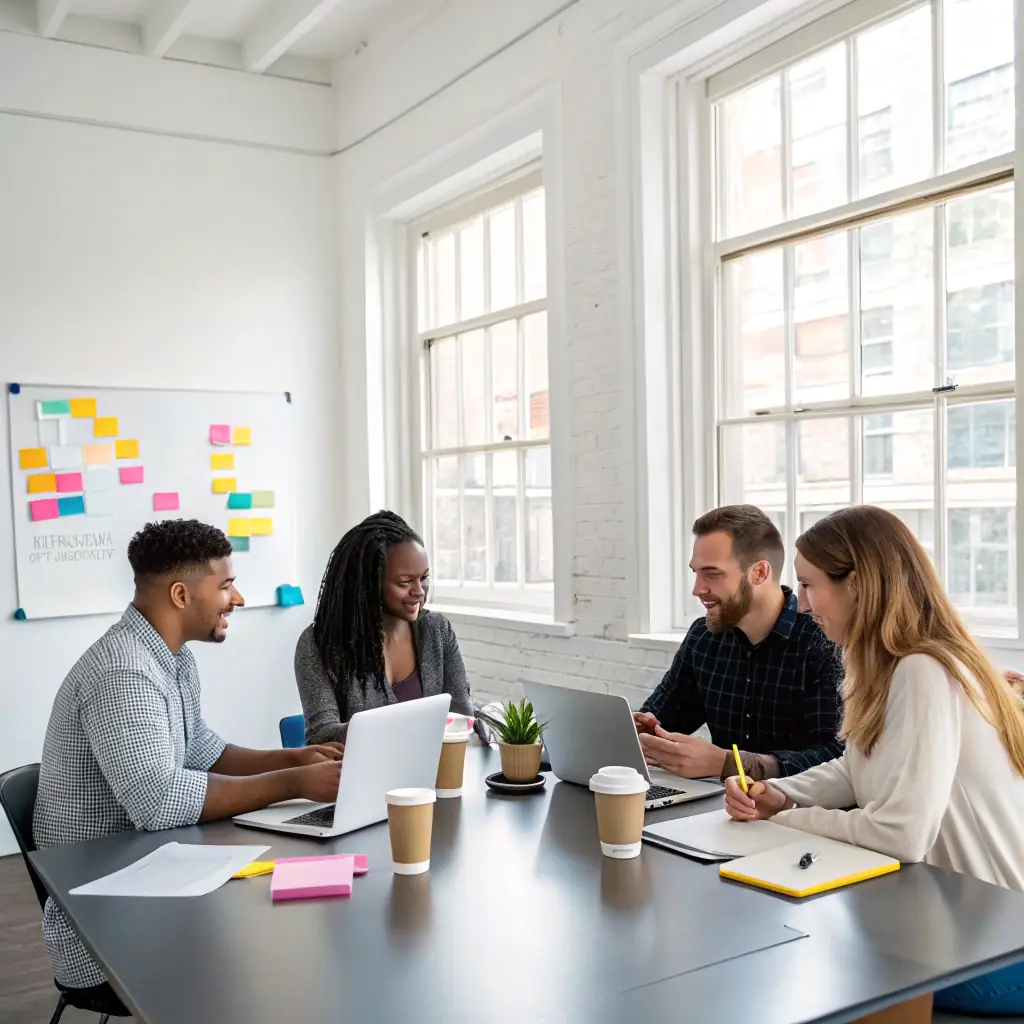 A diverse group of professionals collaborating in a bright, modern office space, demonstrating compassionate leadership and teamwork.