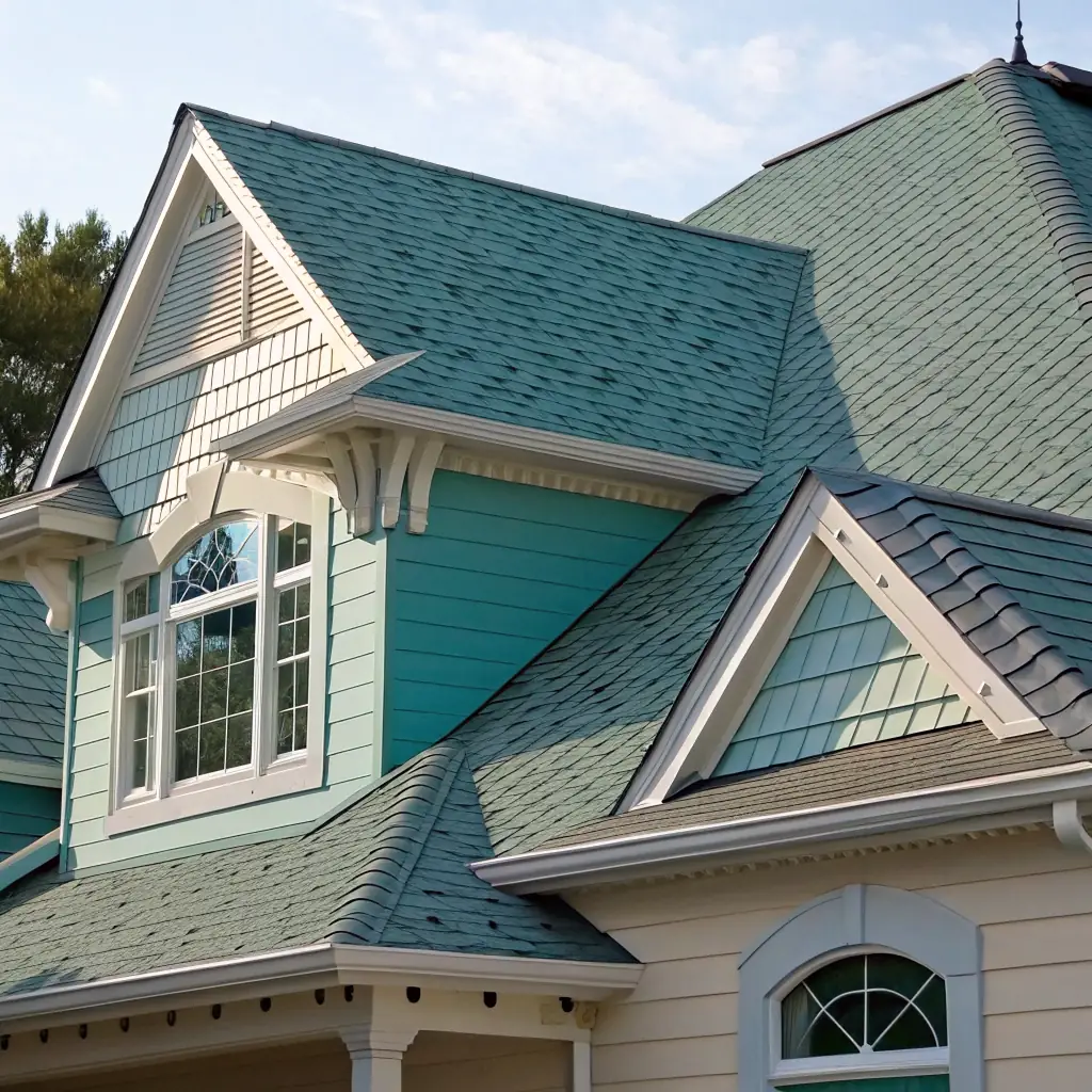 A high-resolution image showcasing Owens Corning Chateau Green shingles installed on a residential roof, highlighting the color's natural blend with the surrounding landscape. The image should convey quality and durability.