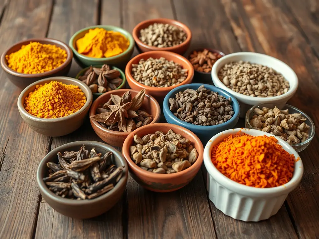 A vibrant display of spices including turmeric, red chili powder, black pepper, ginger, and coriander, arranged artfully to showcase their colors and textures.