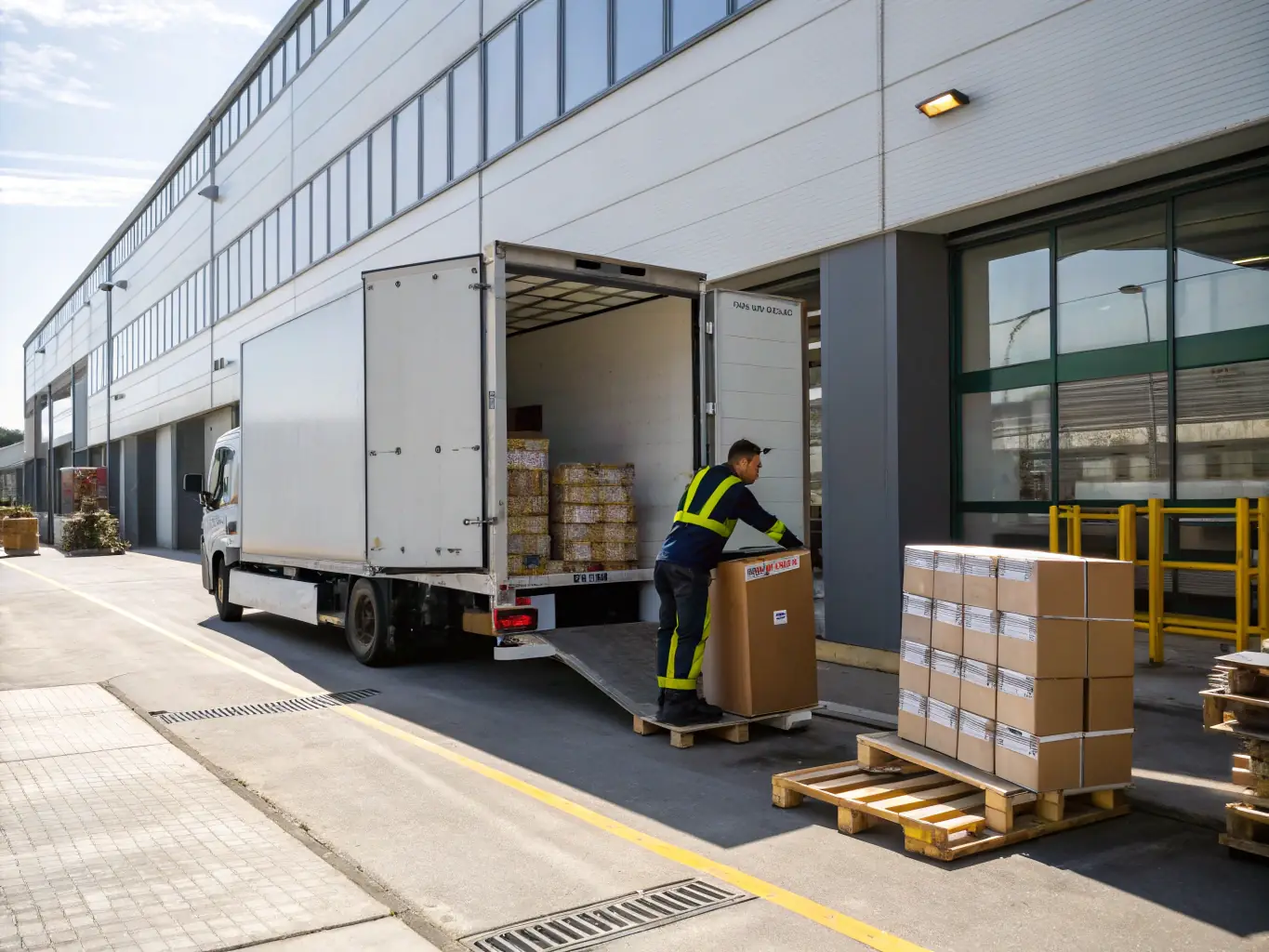 A man in a royal blue polo shirt offloading boxes out of a boxtruck.