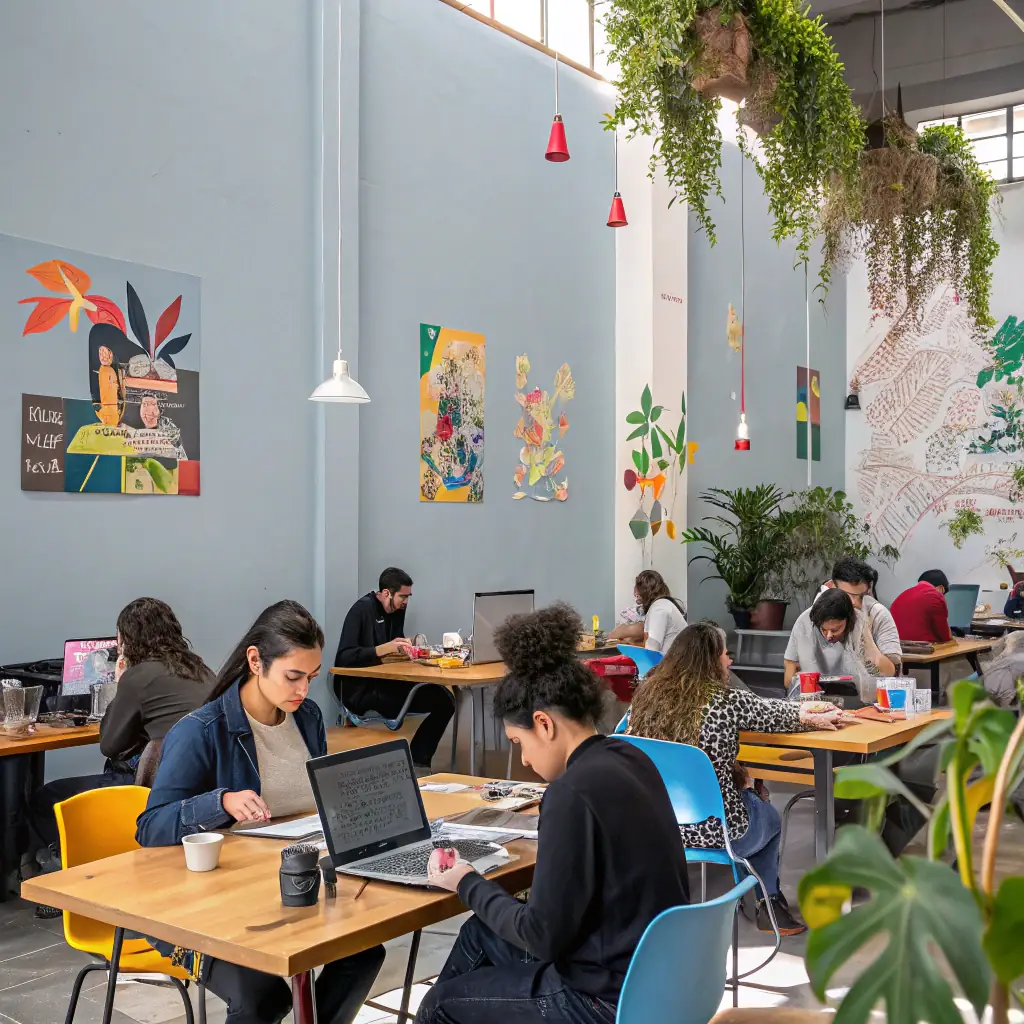 A vibrant, modern coworking space filled with digital nomads working on laptops, collaborating, and enjoying the environment. The scene should convey a sense of community, productivity, and global connectivity.