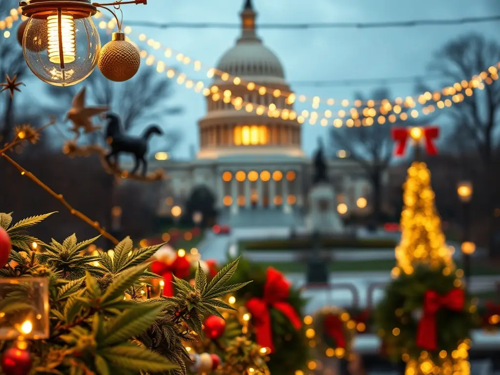 A festive holiday scene in Washington, DC, with cannabis-themed decorations subtly incorporated. The US Capitol building is visible in the background.