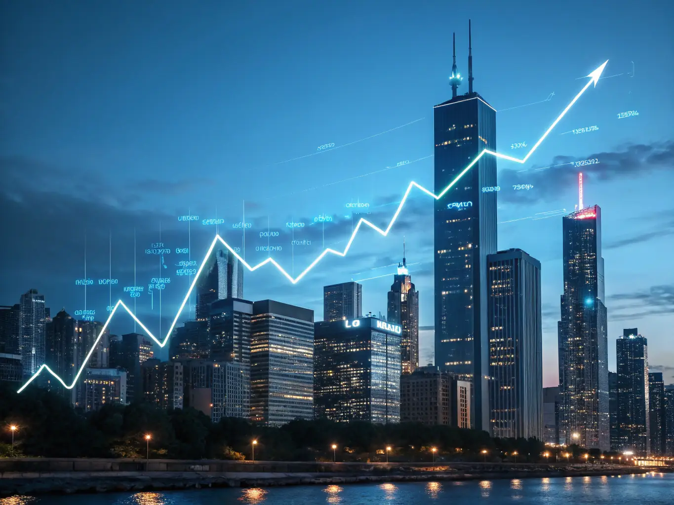 Futuristic rooftop meeting scene with skyscrapers and digital elements