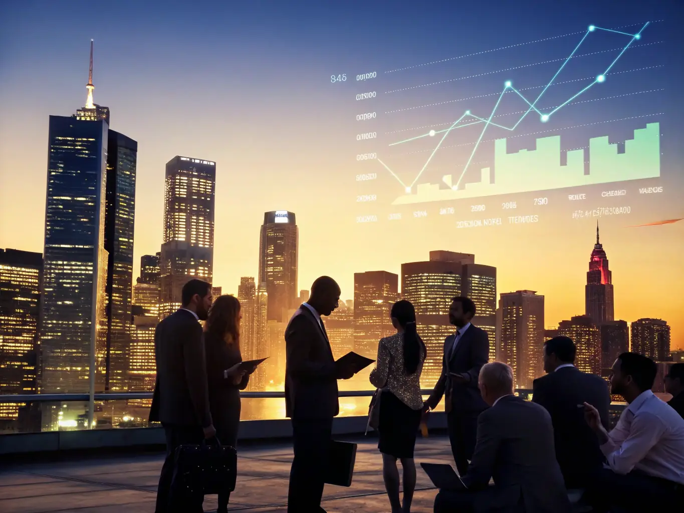 High-tech rooftop meeting with digital overlays and skyscraper architecture