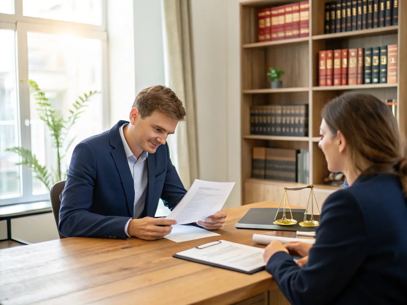 A friendly lawyer helping a client with paperwork in a bright, modern office setting, symbolizing Trustpoint's commitment to accessible legal services.