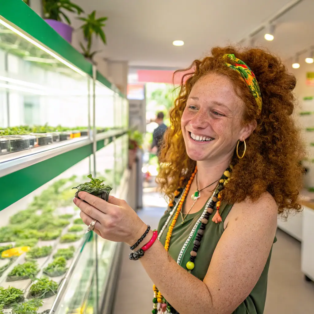 A Green Legacy budtender assisting a customer with product selection, showcasing a variety of cannabis products on display.