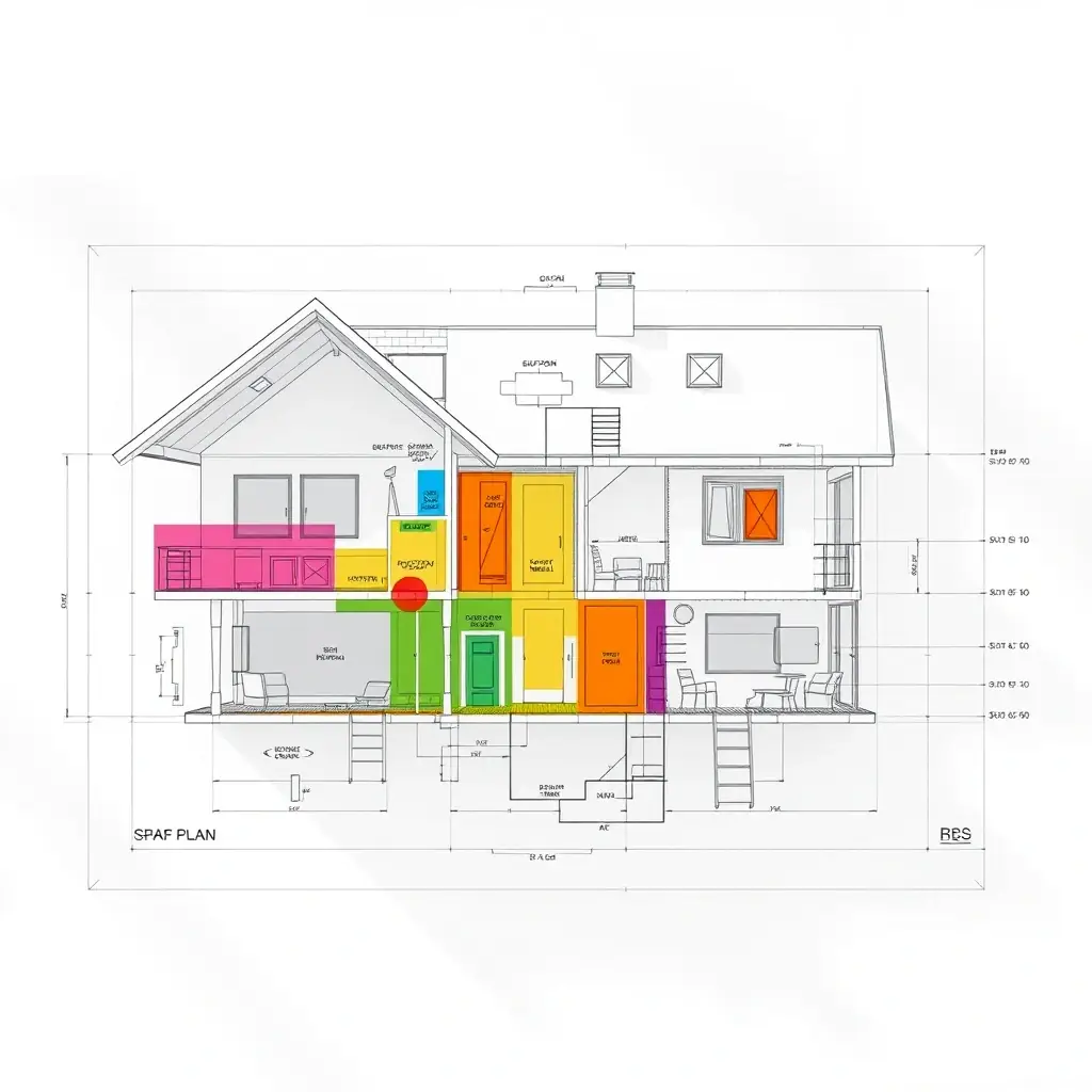 A detailed architectural plan of a house, highlighting different zones and areas with color-coded sections to represent calculation zones for energy performance assessment, in a bright, modern style.