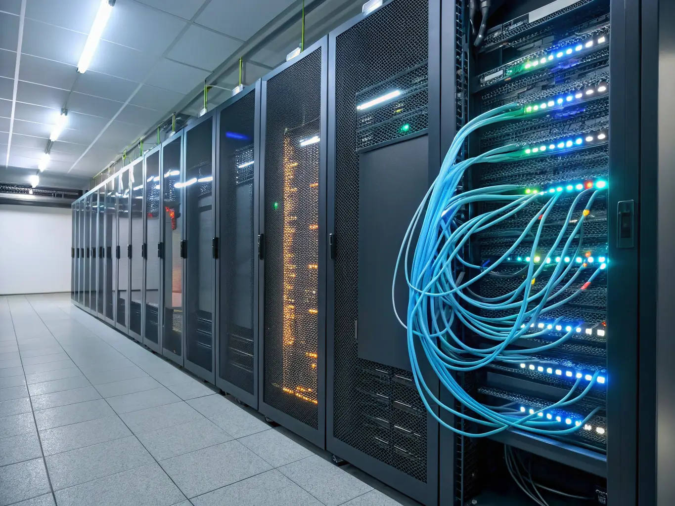 A modern telecommunications infrastructure with fiber optic cables and cloud integration, symbolizing connectivity and digital transformation.