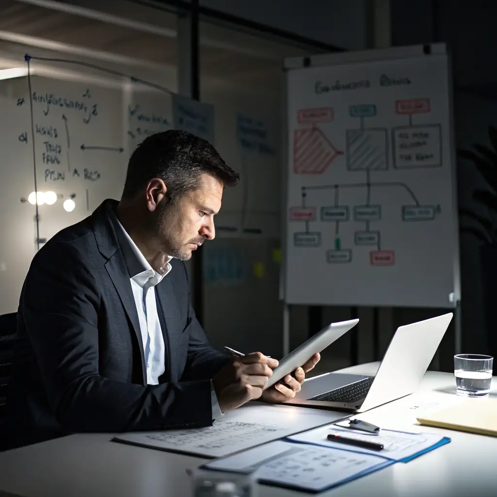 A consultant working with a business owner, discussing AI strategies on a digital tablet, with charts and graphs illustrating potential ROI.