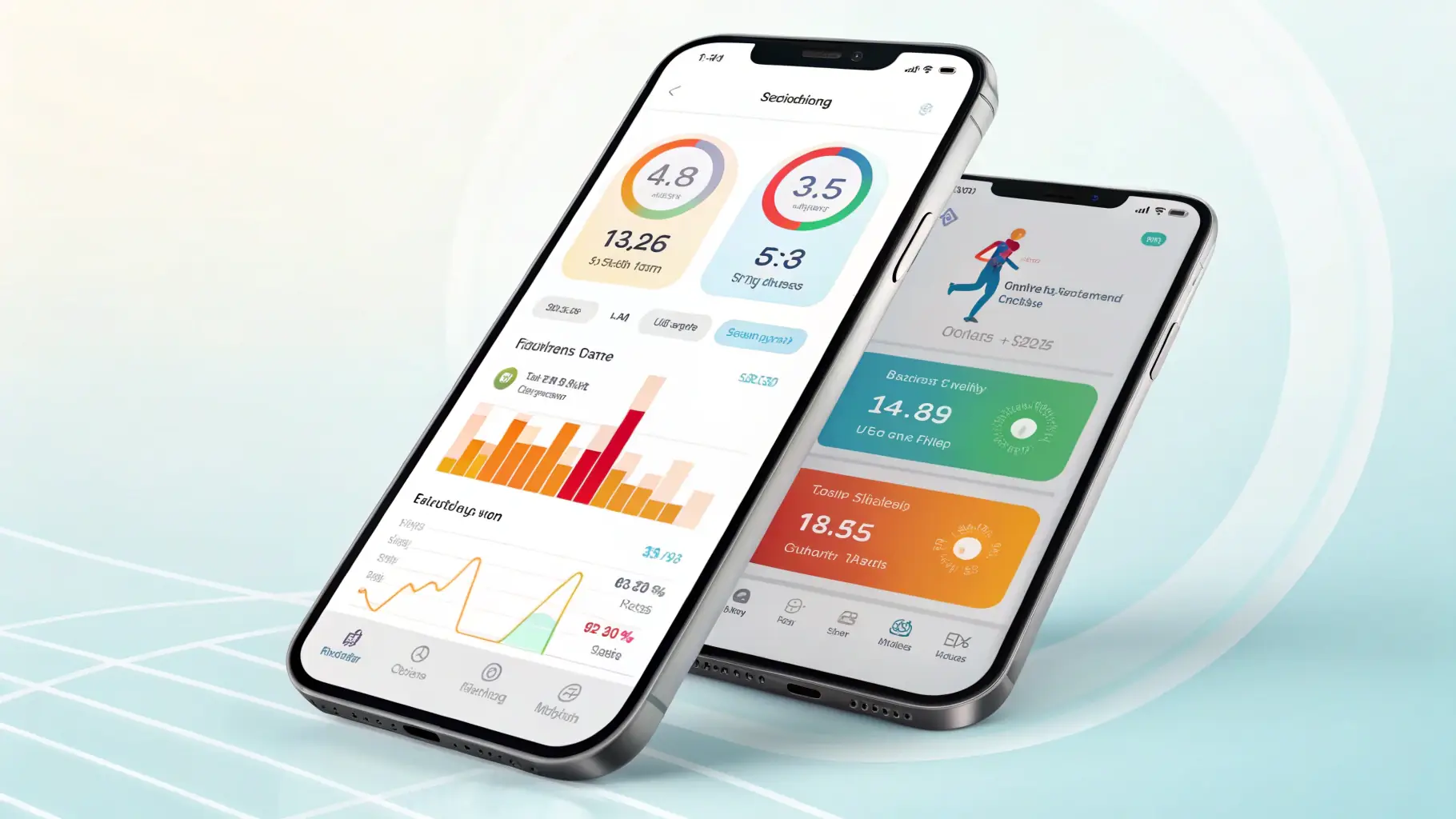 A sleek, modern illustration of a fitness app interface showcasing various features like coaching, activity tracking, and rewards, emphasizing a clean and professional fitness-tech aesthetic.
